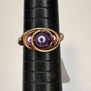 Purple pink plastic pearls ring handmade copper wire wrap